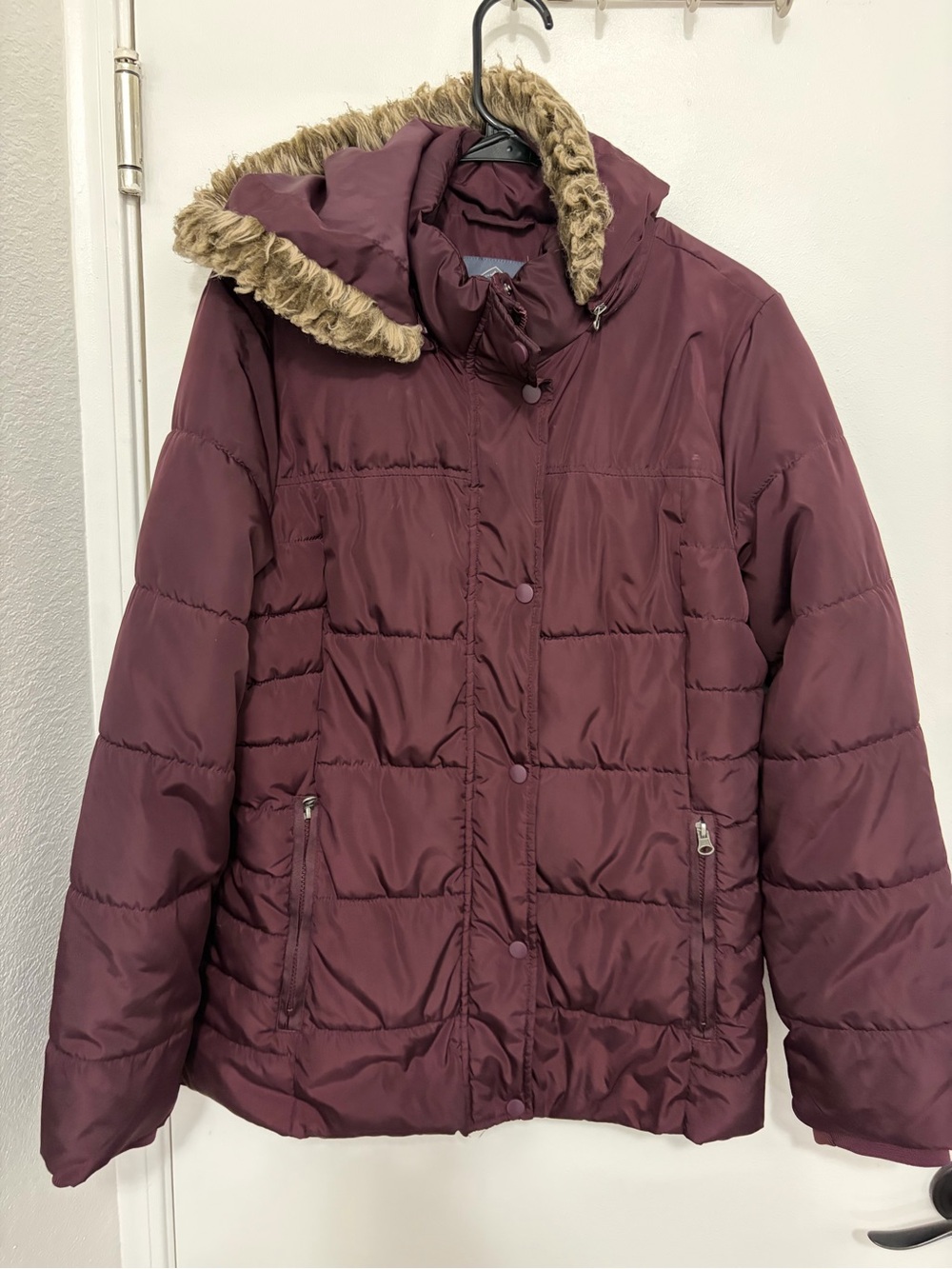 St. John's Bay Quilted Puffer Jacket with Faux Fur Trim - Maroon